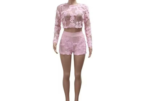 Women Pink Floral Sexy Mesh Full Sleeve Two Piece Short Set