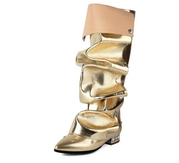 Women Fashion Flat Button Knee High Boots
