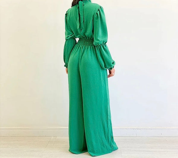 Women Sexy Solid Color Full Sleeve Wide Leg Jumpsuit
