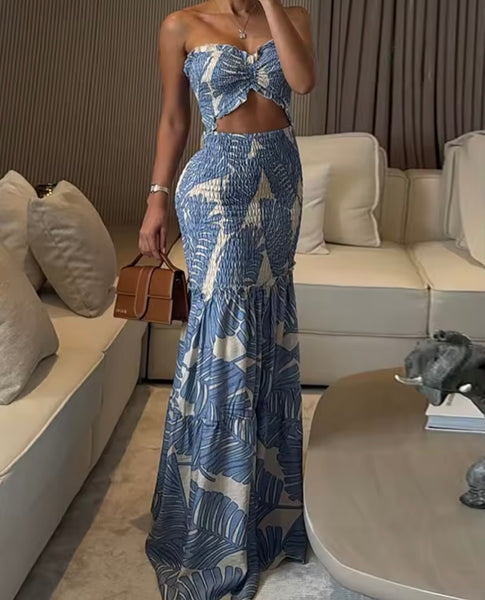 Women Sexy Sleeveless Tropical Print Cut Out Maxi Dress