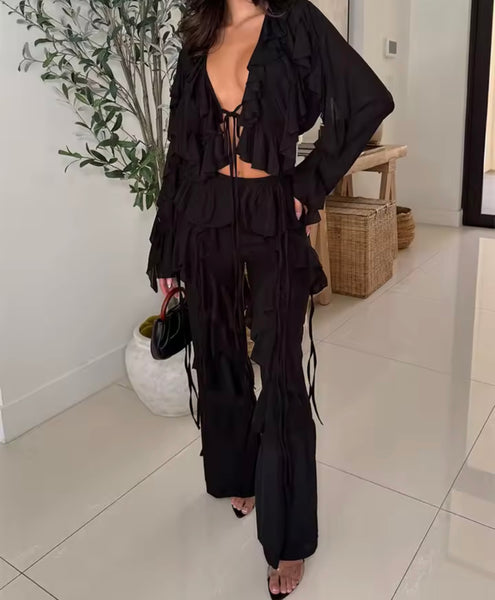 Women Ruffled Tie Up Full Sleeve Fashion Two Piece Pant Set