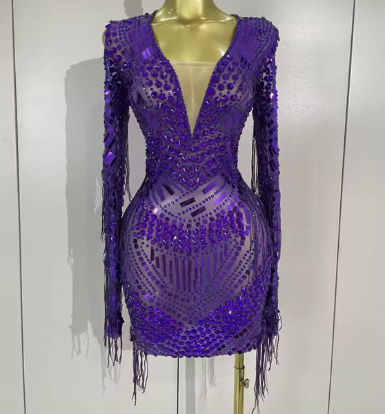 Women Sexy Crystal Mirror Mesh Full Sleeve Tassel Dress