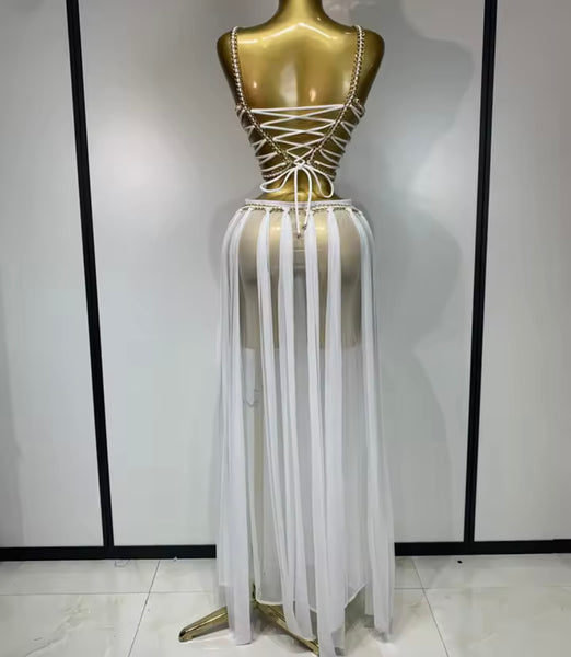 Women Sexy Sleeveless Chain Lace Up Mesh Maxi Dress