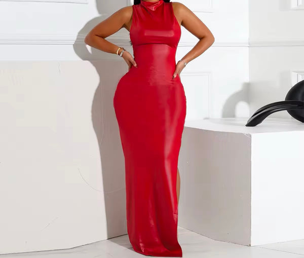 Women Sexy Sleeveless PU Color Maxi Dress