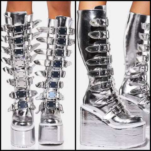 Women Silver Metallic Buckled Platform Fashion Knee High Boots