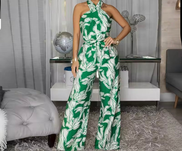 Women Halter Sleeveless Printed Fashion Jumpsuit