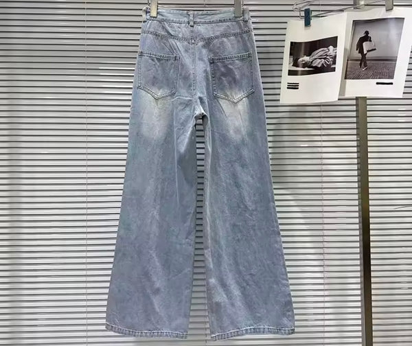 Women Fashion Blue Sequins Patchwork Denim Pants