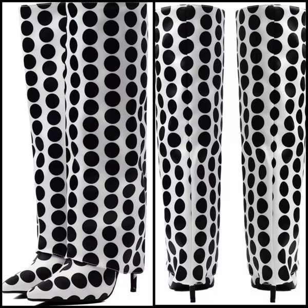 Women Fashion White Polka Dot Pointed Toe Knee High Boots
