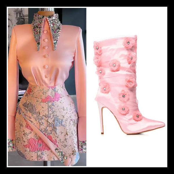 Women Fashion Pink Floral Rivet High Heel Ankle Boots