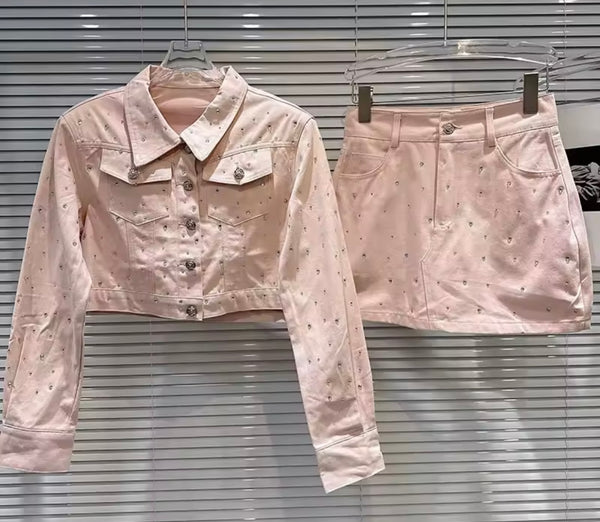 Women Fashion Rhinestone Button Up Jacket Two Piece Skirt Set