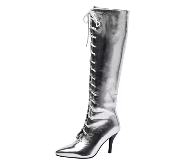 Women Fashion Metallic Lace Up Knee High Boots
