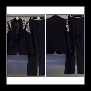 Women Black Rhinestone Full Sleeve Blazer Two Piece Pant Set
