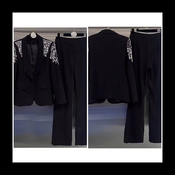 Women Black Rhinestone Full Sleeve Blazer Two Piece Pant Set
