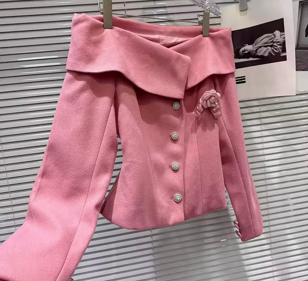 Women Off The Shoulder Button Up Blazer Two Piece Skirt Set