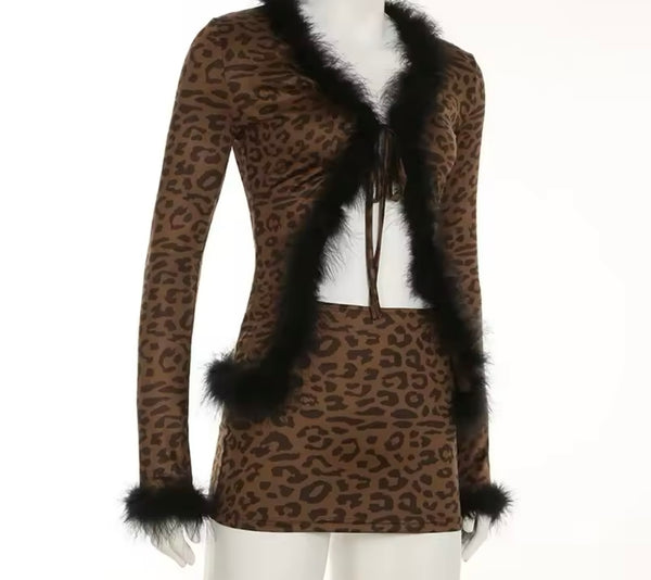 Women Sexy Fur Patchwork Leopard Two Piece Skirt Set