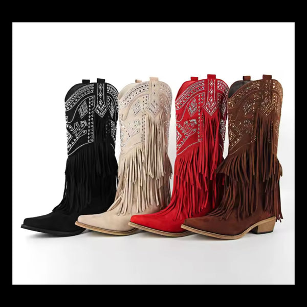 Women Fashion Suede Bling Fringe Tassel Western Boots