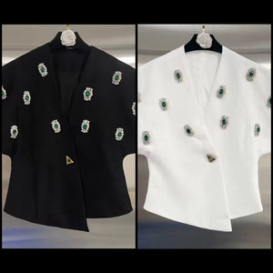 Women Short Sleeve Green Crystal Asymmetrical Top