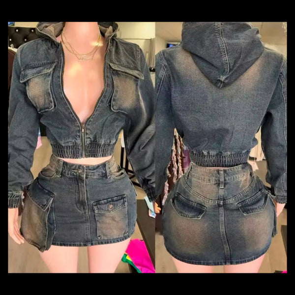 Women Fashion Hooded Zip Up Denim Two Piece Cargo Skirt Set