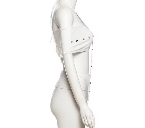 Women Solid Color Rivet Cut Out Sleeveless Bodysuit Top