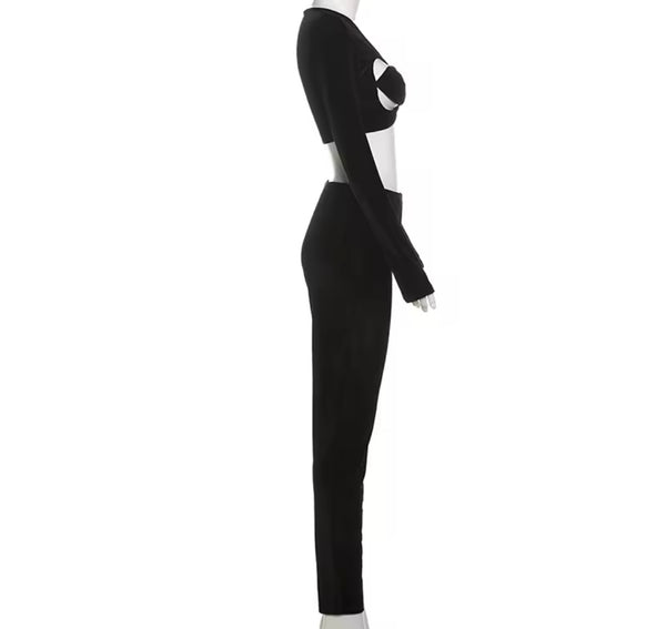 Women Sexy Black Velour Cut Out Full Sleeve Two Piece Pant Set