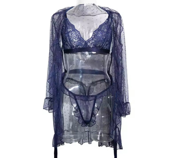 Women Sexy Lace Mesh Robe Lingerie Set