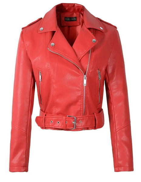 Women Color Zip Up Buckled Faux Leather Fashion Jacket