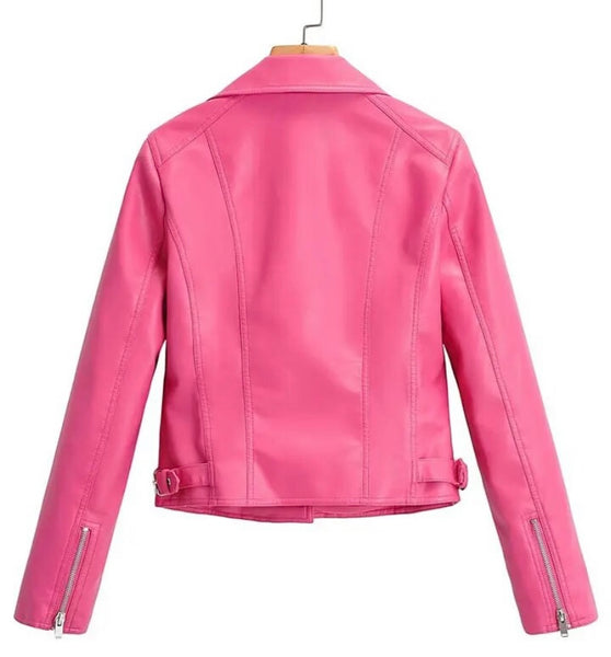 Women Fashion Zipper Color Faux Leather Jacket