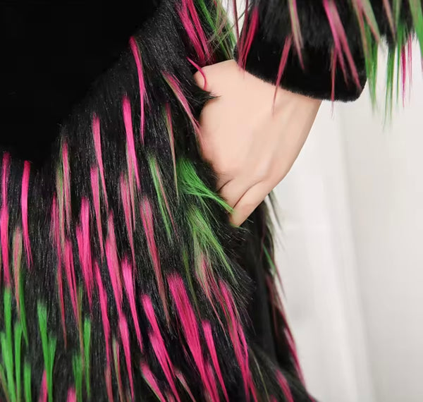 Women Fashion Multicolored Faux Fur Long Coat