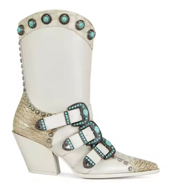 Women Fashion Animal Print Buckled Jewel Ankle Western Boots