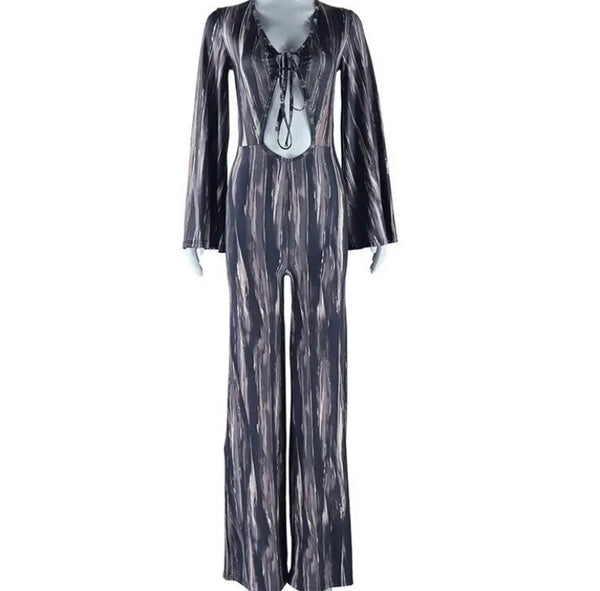 Women Cut Out Full Sleeve Color Patchwork Sexy Jumpsuit
