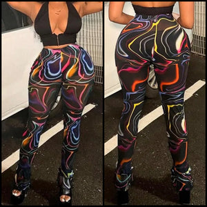 Women Sexy Fashion Black Rainbow Print Mesh Pants