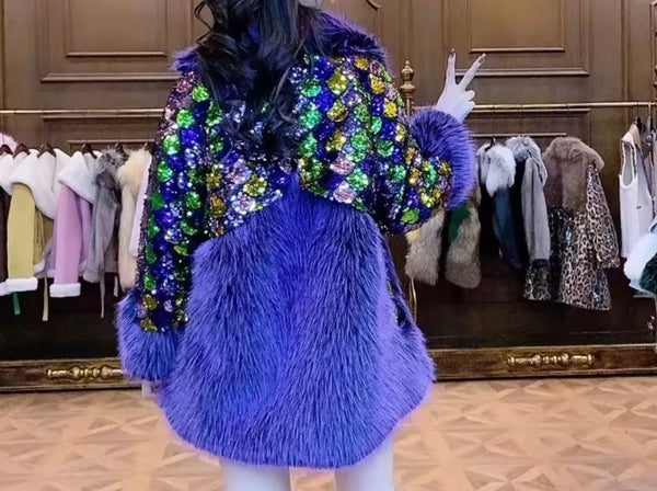 Women Purple Sequins Faux Fur Fashion Jacket