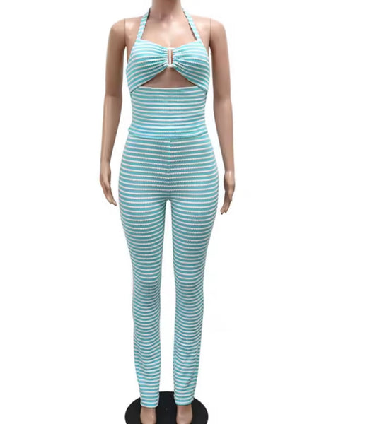 Women Sexy Striped Halter Sleeveless Two Piece Pant Set