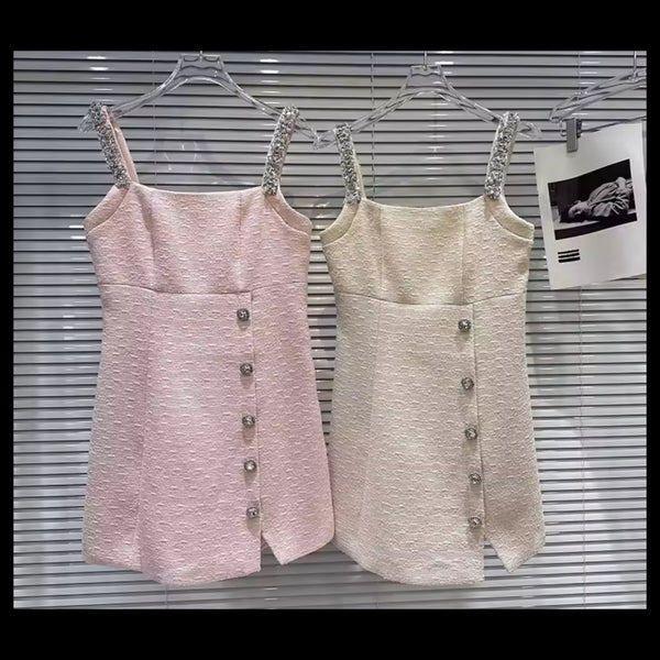 Women Sleeveless Rhinestone Tweed Dress