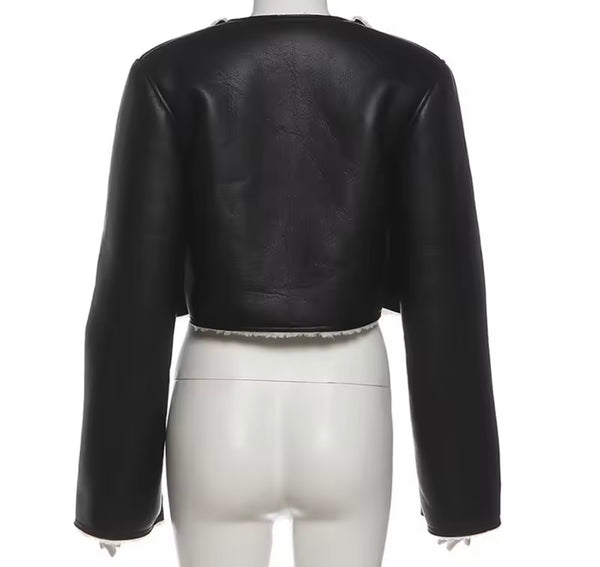 Women Fashion Faux Leather Jacket Two Piece Pleated Skirt Set