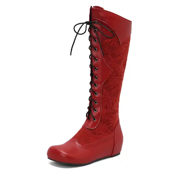 Women Fashion Floral Lace Up Flat Knee High Boots