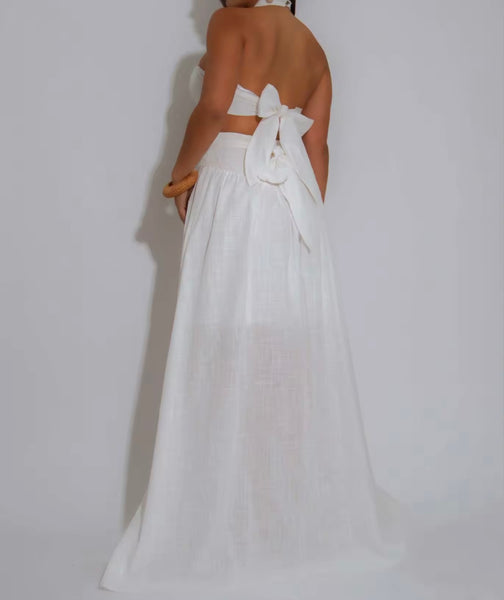 Women White Halter Sleeveless Sexy Two Piece Maxi Skirt Set