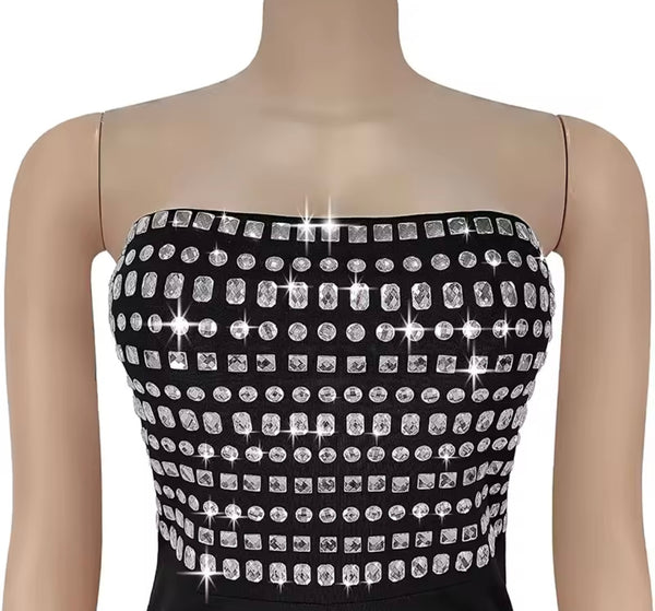 Women Sexy Strapless Bling Crystal Black Jumpsuit