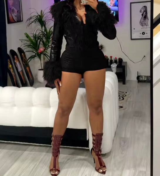 Women Fashion Fur Patchwork PU Jacket Two Piece Short Set