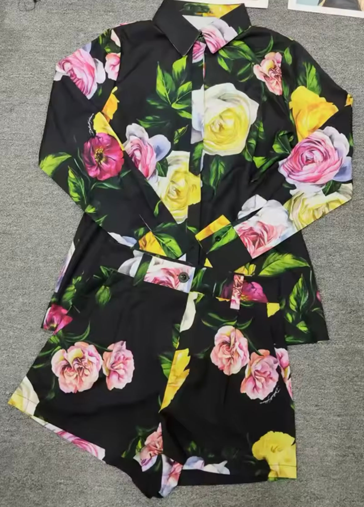 Women Black Floral Print Fashion Two Piece Short Set