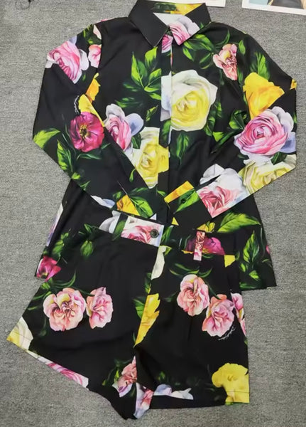 Women Black Floral Print Fashion Two Piece Short Set