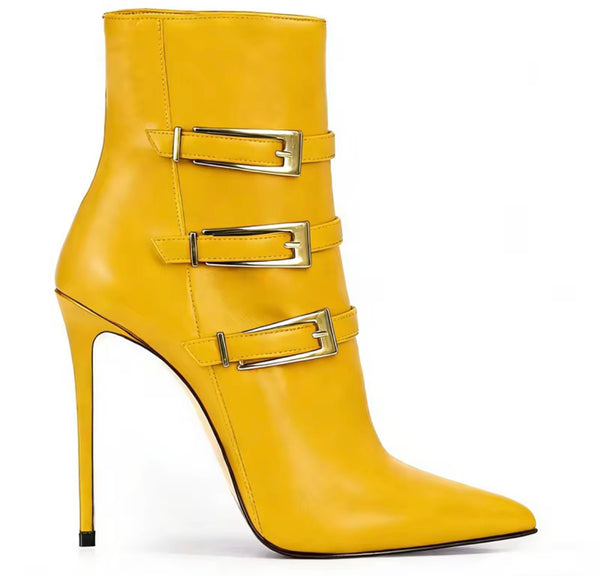 Women Fashion Pointed Toe Faux Leather Triple Buckle Ankle Boots