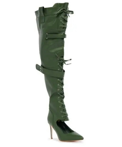 Women Green Fashion Faux Leather Lace Up Buckled Knee High Boots