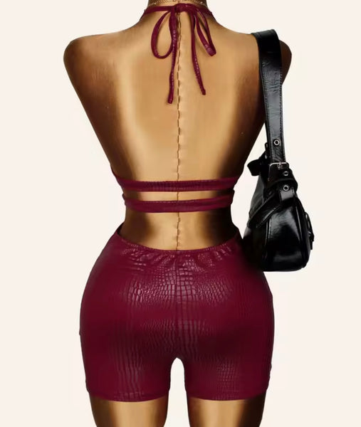 Women Sexy Burgundy PU Halter Sleeveless Cut Out Romper