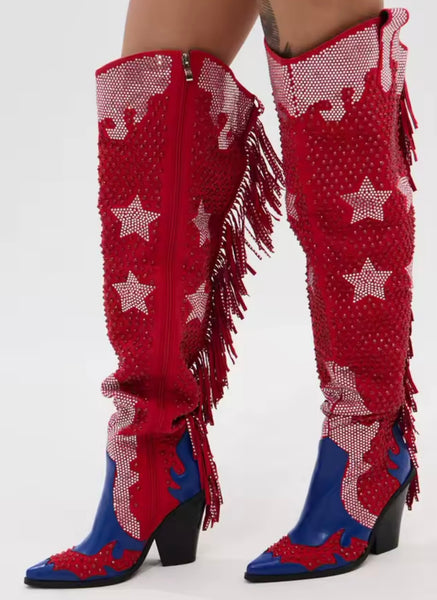 Women Color Patchwork Bling Fringe Star Knee High Western Boots