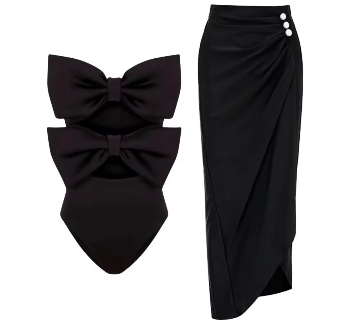 Women Sexy Strapless Bow Cut Out Swimsuit Cover Up Set