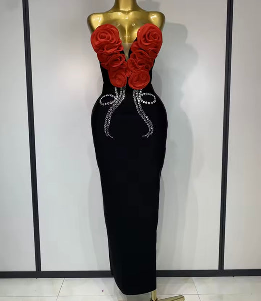 Women Sexy Strapless 3D Floral Rhinestone Maxi Dress