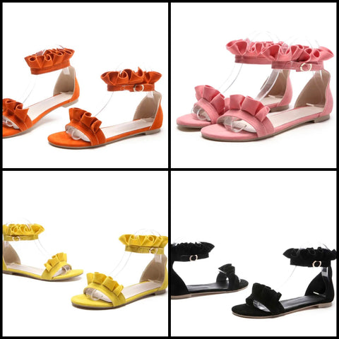 Women Fashion Ruffled Suede Flat Ankle Strap Sandals