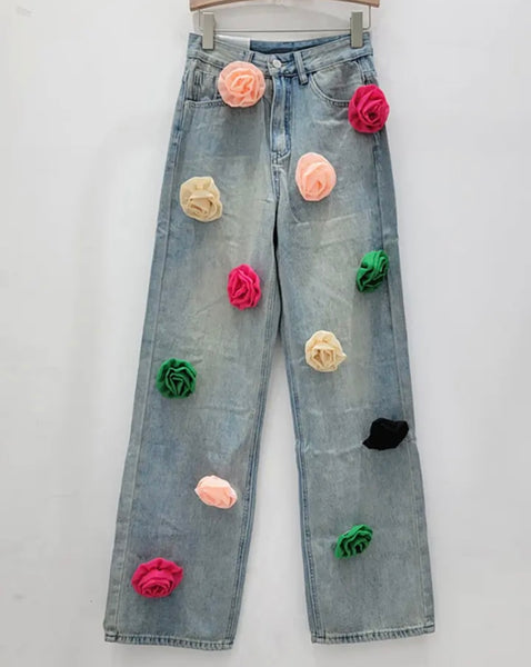 Women Fashion Multicolored Floral Denim Pants