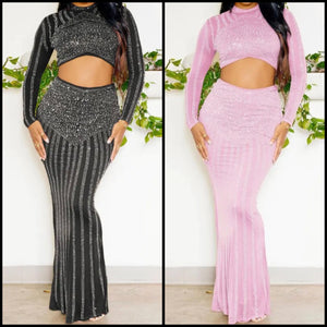 Women Full Sleeve Crop Sexy Bling Two Piece Maxi Skirt Set